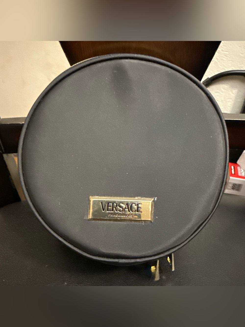 New VERSACE Fragrances Cosmetic Black Round Bag with Mirror